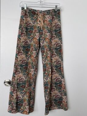 Miaou Floral Lace-Up Wide Leg Pants in Teal, Rust & Beige